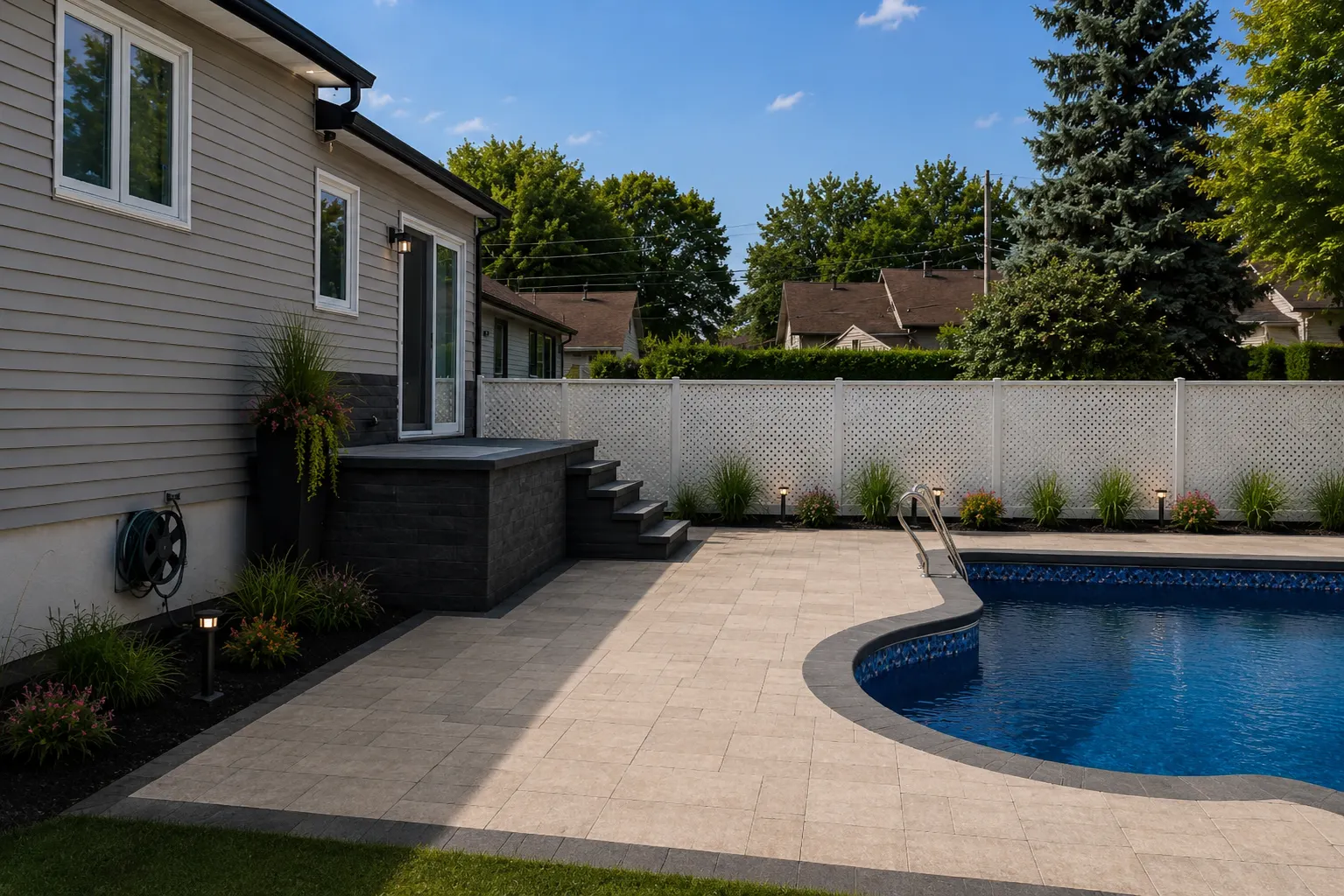Cour arrière avec pavé uni et piscine à Laval